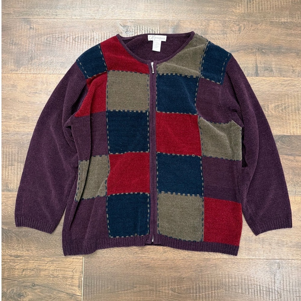 Vintage Dressbarn Woman 22/24 Silk Blend Patchwork Cardigan Sweater Full Zip 90s